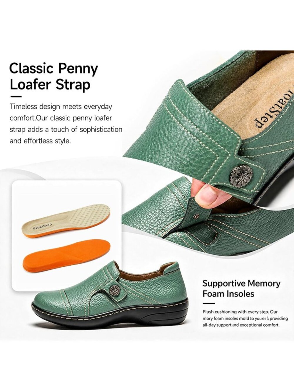 Women's Green Leather Casual Comfortable Dressy Flats Loafers & Slip-On Shoes - Picture 5 of 6